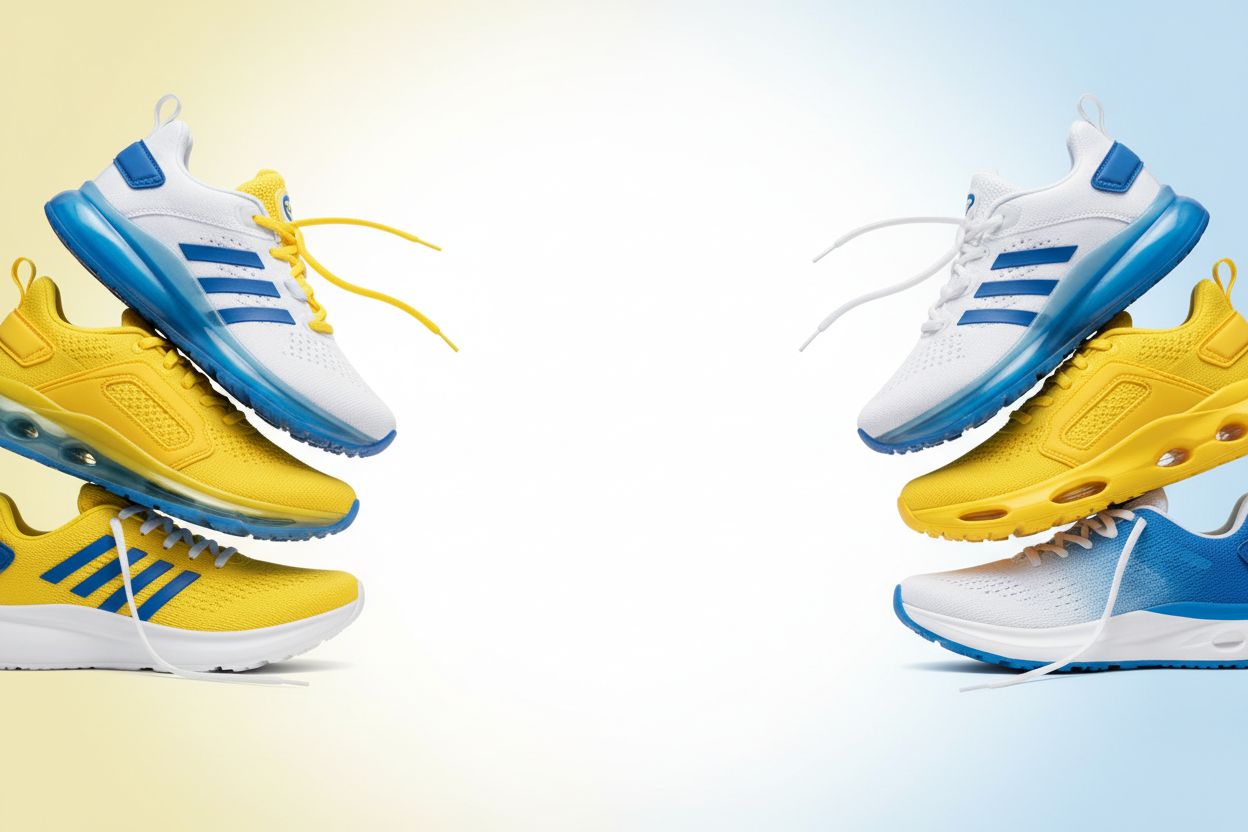 yellow, white, some blue colors, sneakers, shoes, middle is empty for text readable
